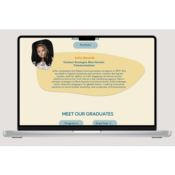 A GIF showcasing the Humber current website redesign on a web screen, featuring an organized space to effortlessly connect with alumni, with clean visuals, soft blue and yellow tones, and clear, easy-to-read text