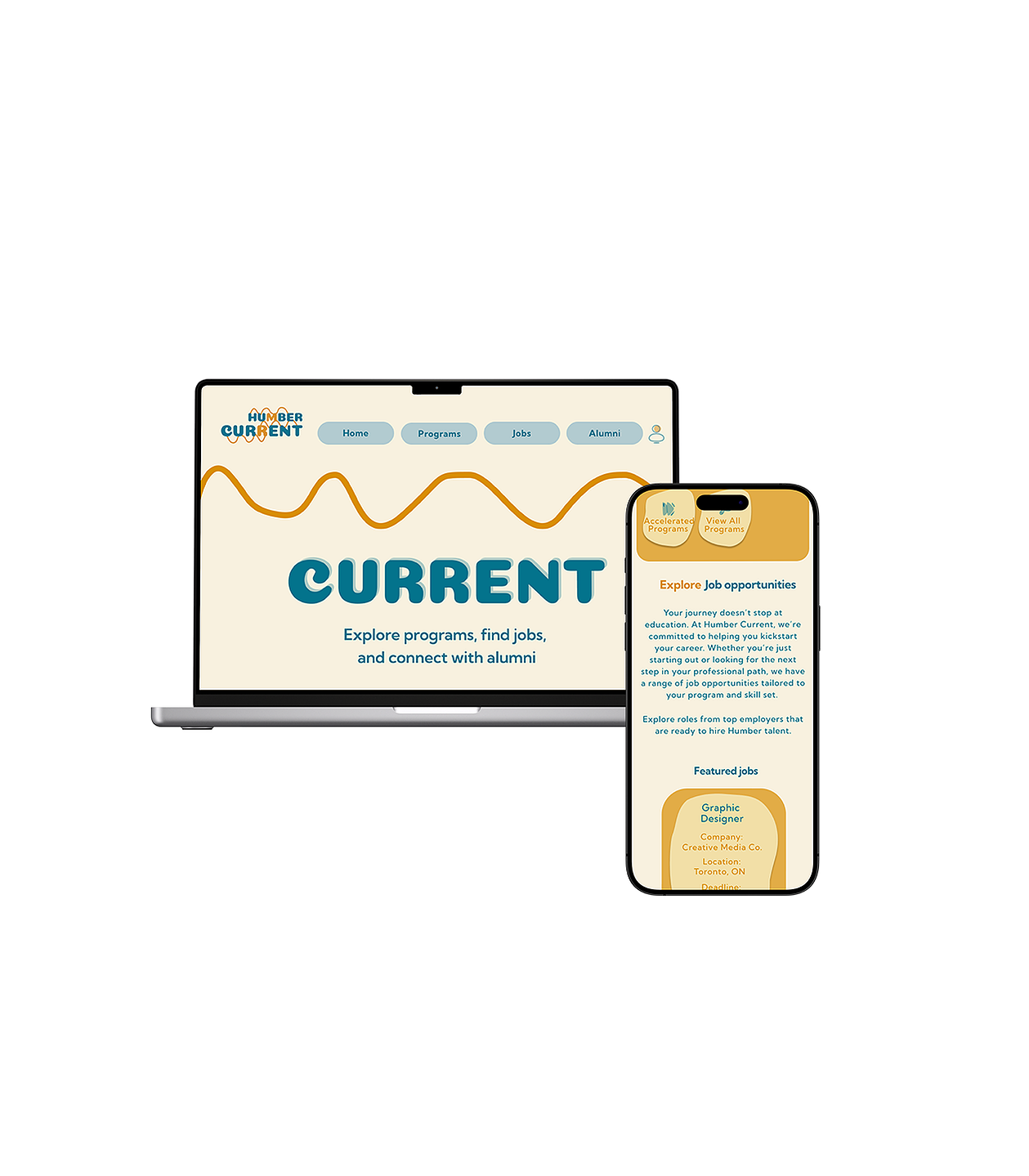 An image of a MacBook and an iPhone placed next to each other, showcasing a responsive website design for humber current