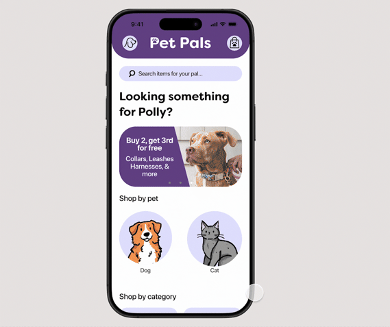 A GIF showcasing the PetPals app’s pet profile section, starting with a white background and purple elements, transitioning to screens with a simple design featuring friendly icons and illustrations.