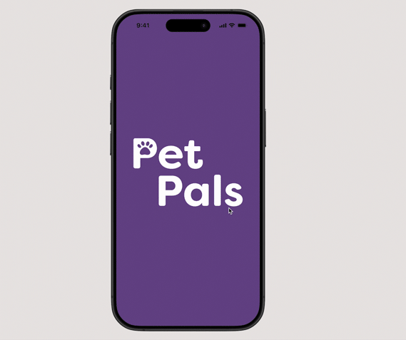 A GIF showing the PetPals app, starting with a purple background featuring the PetPals logo, transitioning to screens with a dynamic and simple design, highlighted by friendly icons and illustrations, creating a user-friendly experience