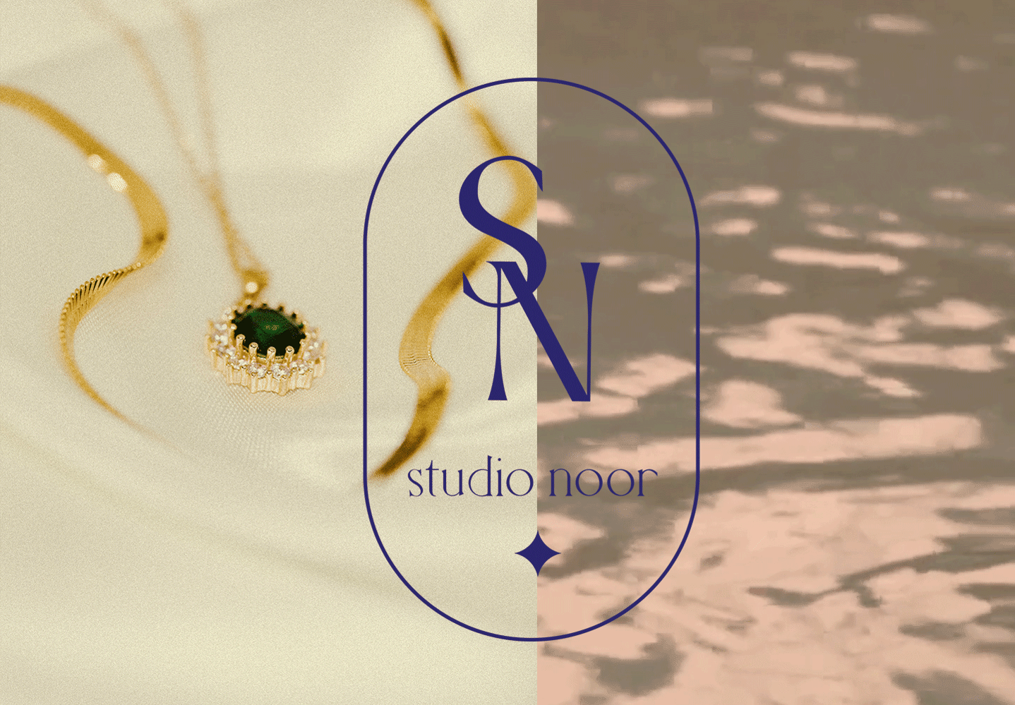 A image of a necklace and water gif side by side with studionoor logo on top