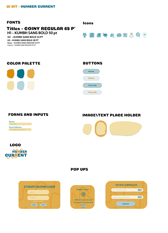 An image of a UI kit created to reflect the colorful approach of the Humber current website redesign, featuring design elements like buttons, typography, and icons in vibrant colors.