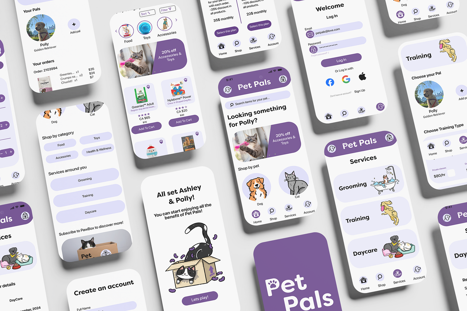 An image of several iphone screens showcasing different interfaces of the petpals app