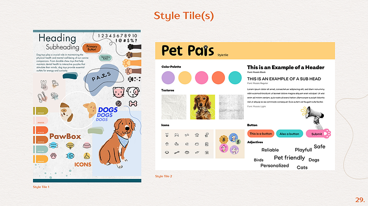 An image showcasing a style tile for the PetPals app, featuring color palettes, typography, and design elements that define the app's visual identity