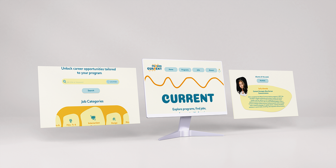An image of three computer screens displaying the Humber current website, showcasing the layout and design of the homepage 