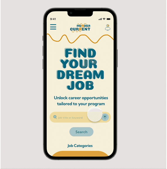 A GIF showcasing the Humber current website redesign on a mobile interface, featuring a seamless job application process with clean visuals, soft blue and yellow tones, and clear, easy-to-read text.
