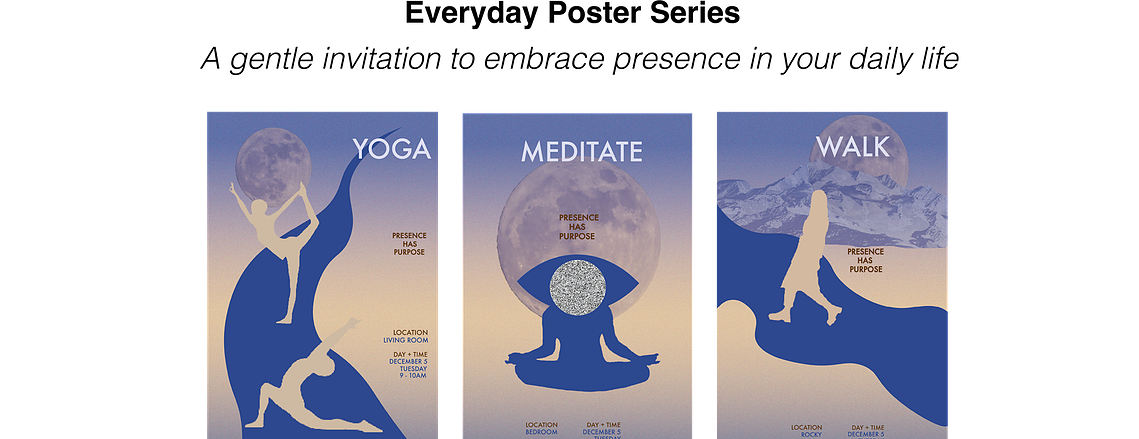 Three wellness posters in a row: the first features a yoga pose, the second depicts a person meditating, and the third shows someone walking outdoors, each with a serene color palette.