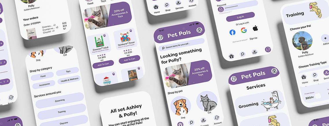 An image showcasing multiple phone screens displaying various interfaces of the PetPals app, featuring different user interactions and design elements.