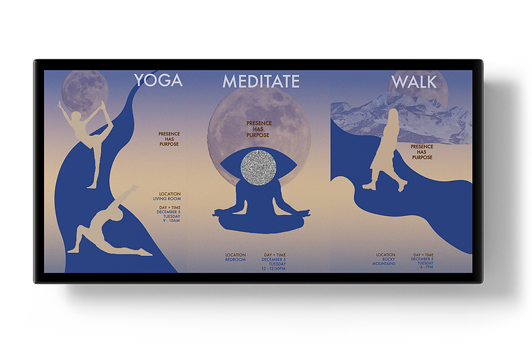 A large billboard featuring three wellness-themed posters side by side, showcasing yoga, meditation, and walking.