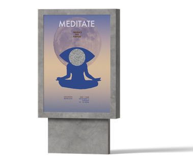 Three separate billboards displaying wellness-themed posters: one for yoga, one for meditation, and one for walking, each with a calming design.