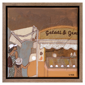 Gelateria artwork, painting of girls getting gelato in Taormina Sicily by Marissa Lico.