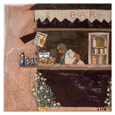 'Nonna's Bar' wall art print Australia. Print of bar in Taormina Sicily Italy, free shipping, by Australian artist Marissa Lico.