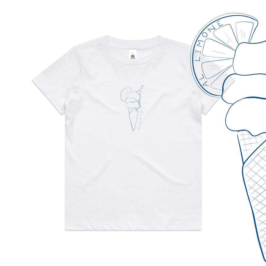 'Gelato' kids tee, Front Blu Blue, Marissa Lico, Bambini collection.