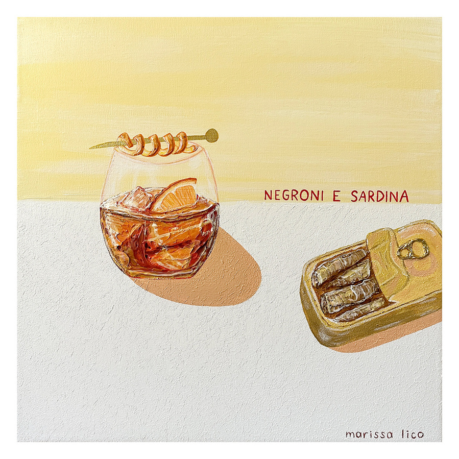 'Negroni e Sardina' original painting of Bellini, an Italian cocktail, by Australian Artist Marissa Lico.