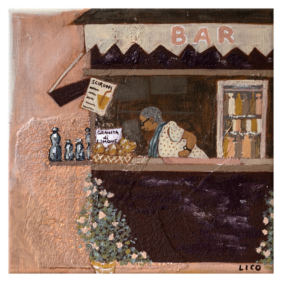'Nonna's Bar' wall art print Australia. Print of Nonna in bar in Taormina Sicily Italy, Italian art print for kitchen, dining or home gallery wall, free shipping, by Australian artist Marissa Lico.