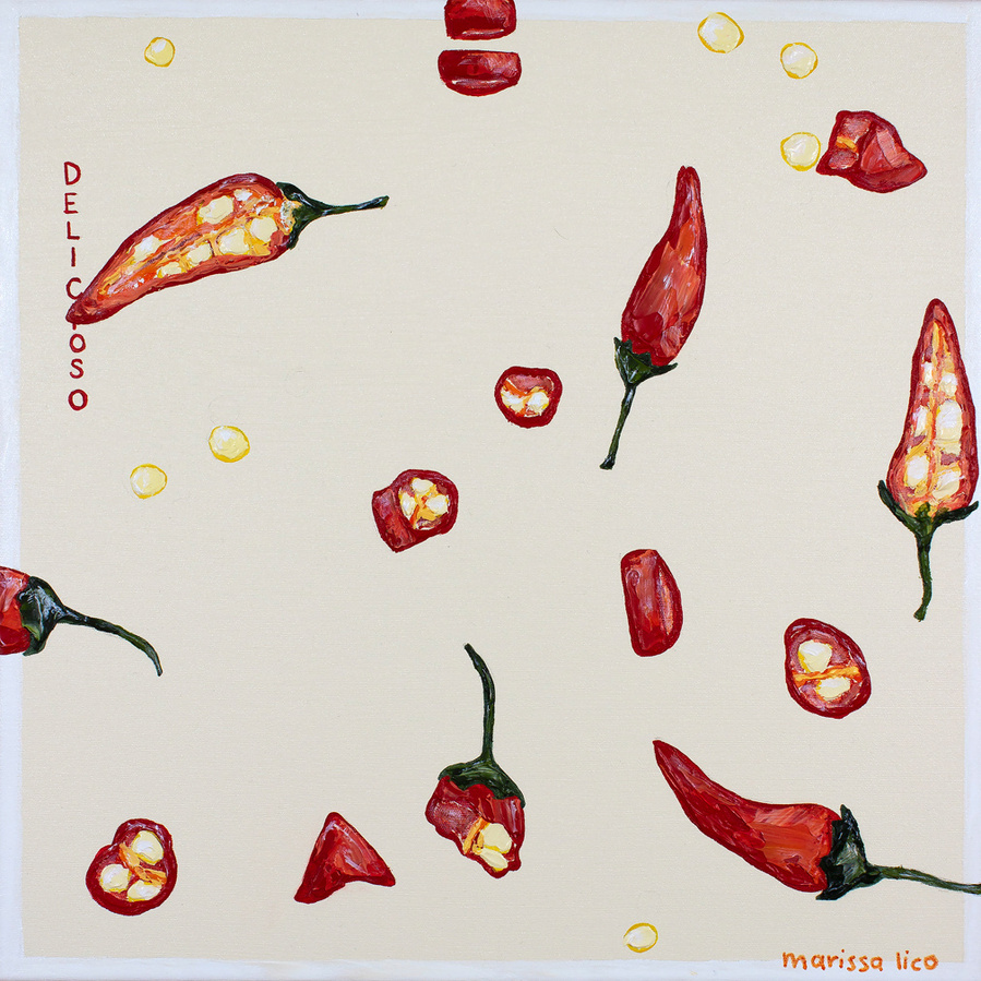 'Chilli' original painting of Bellini, an Italian cocktail, by Australian Artist Marissa Lico.