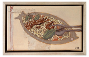 Lobster Linguine artwork, painting of pasta with lobster in Florence Italy by Marissa Lico.