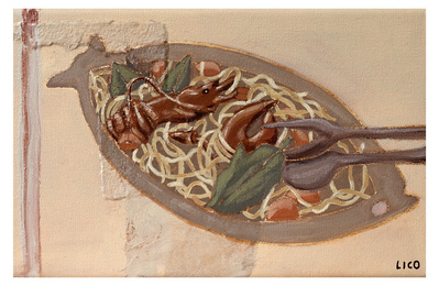 'Lobster Linguine' wall art print Australia. Italian print of linguine pasta with lobster in Italy, free shipping, by Australian artist Marissa Lico.
