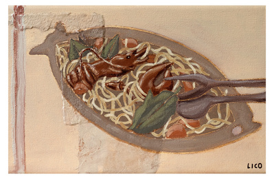 'Lobster Linguine' wall art print Australia. Italian print of linguine pasta with lobster in Italy, free shipping, by Australian artist Marissa Lico.