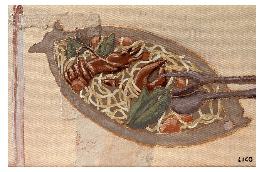 'Lobster Linguine' wall art print Australia. Italian print of linguine pasta with lobster in Italy, print for gallery wall, free shipping, by Australian artist Marissa Lico.