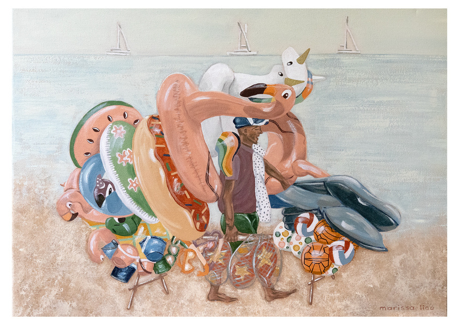 'Beach Games' wall art print Australia. Italian print of man with inflatable toys on beach in Sicily, print for nursery, and kids room, with free shipping, by Australian artist Marissa Lico.