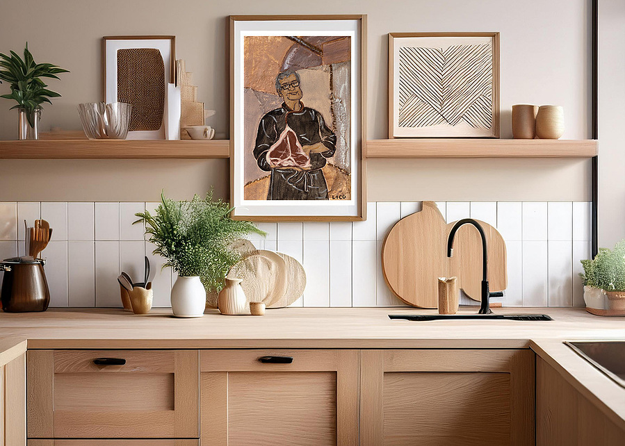'Florentine Steak' wall art print Australia. Print of Italian chef with bistecca Fiorentina in Florence Italy, print for kitchen, dining room or gallery wall, free shipping, by Australian artist Marissa Lico.