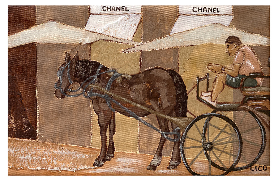 'Horse & Chanel' wall art print Australia. Print of horse drawn carriage in front of Chanel store Florence, print for gallery wall, free shipping, by Australian artist Marissa Lico.