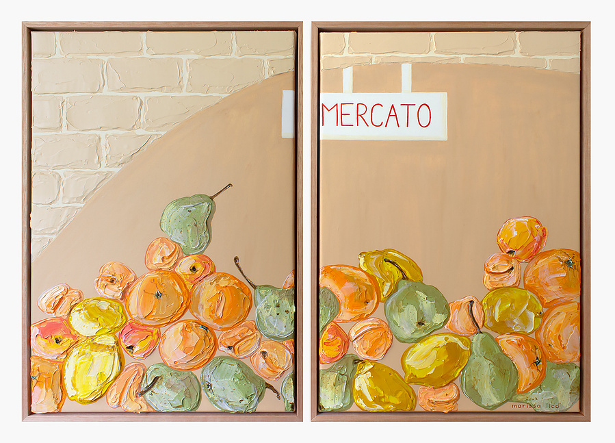 Mercato Frutta, Italian original painting by Australian artist Marissa Lico. Diptych acrylic texture painting.
