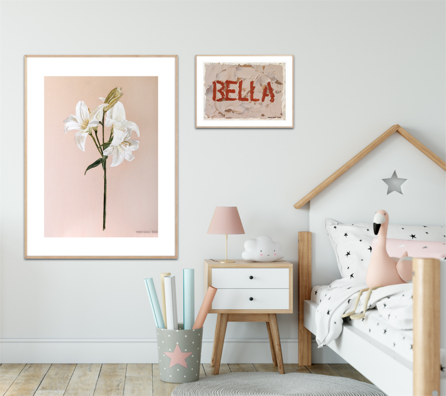 'Bella' wall art print Australia. Italian print of text for nursery or kids room wall art, free shipping, by Australian artist Marissa Lico.