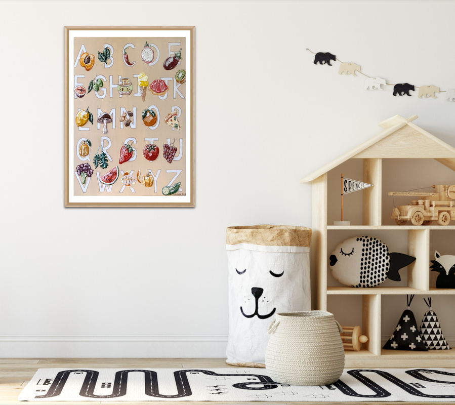 'Alfabetica' wall art print Australia. Alphabet print for nursery or kids room, free shipping, by Australian artist Marissa Lico.