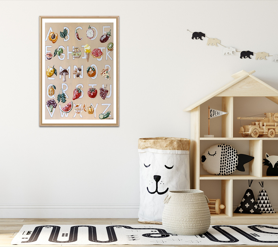 'Alfabetica' wall art print Australia. Alphabet print for nursery or kids room, free shipping, by Australian artist Marissa Lico.