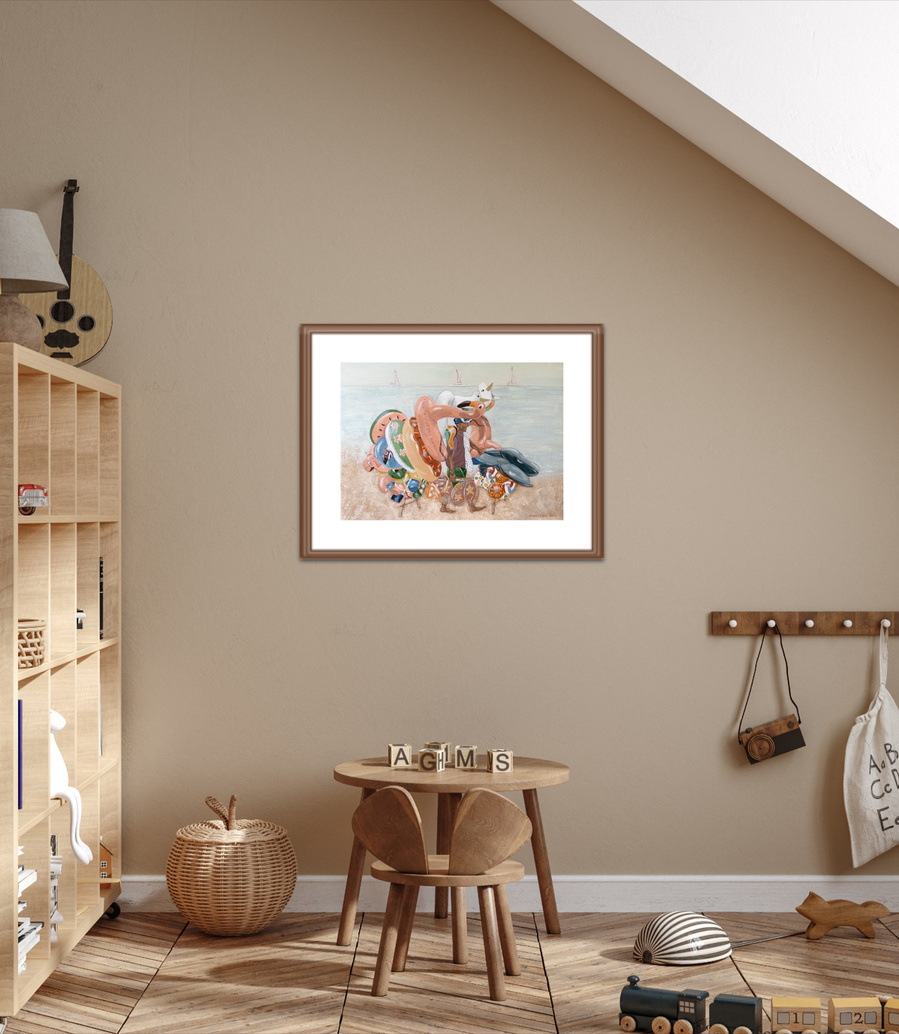 'Beach Games' wall art print Australia. Italian print of man with inflatable toys on beach in Sicily, print for kids toy room, with free shipping, by Australian artist Marissa Lico.
