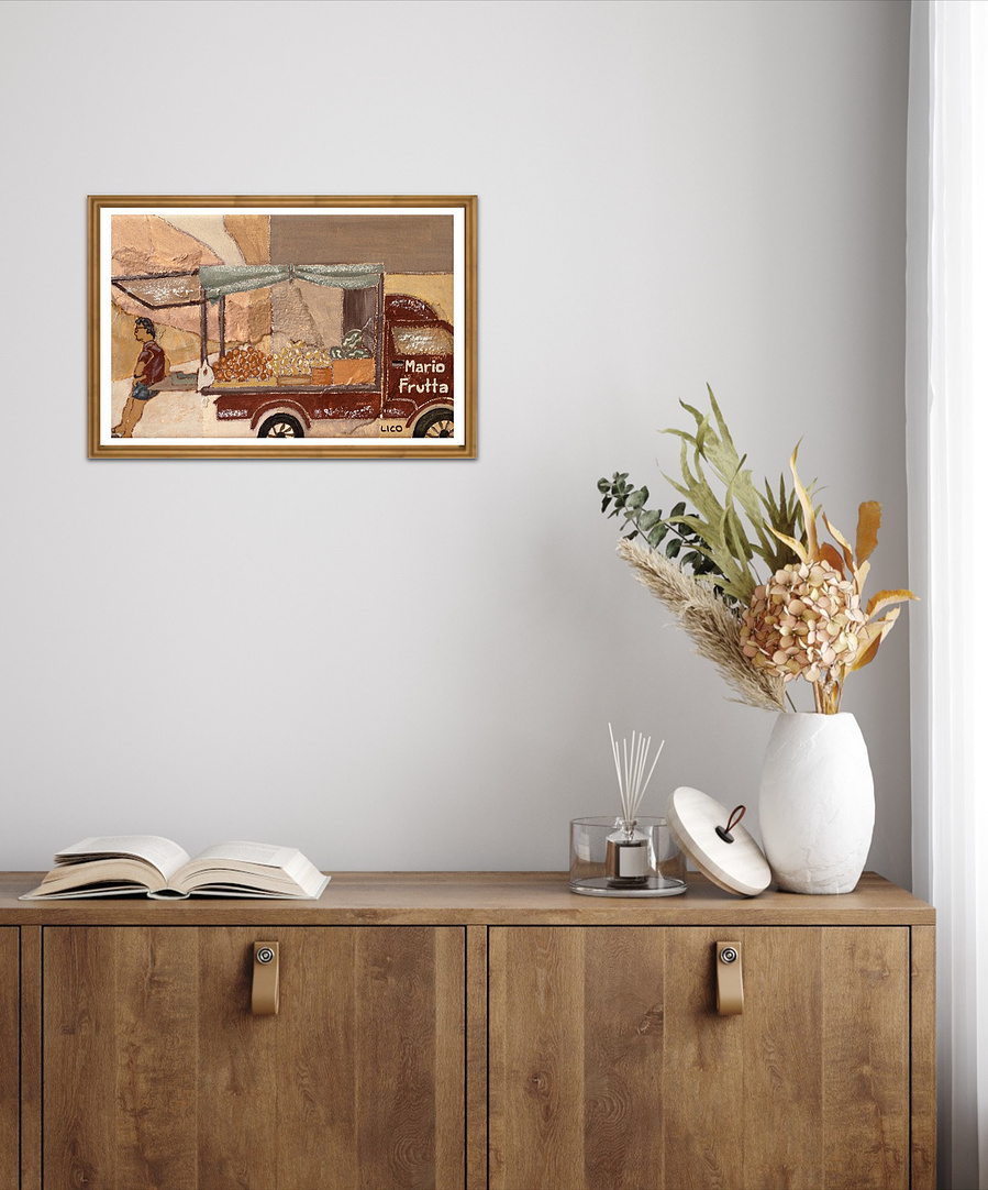 'Mario's Fruit' wall art print Australia. Framed print of fruit truck in Sicily Italy, print for gallery wall, free shipping, by Australian artist Marissa Lico.