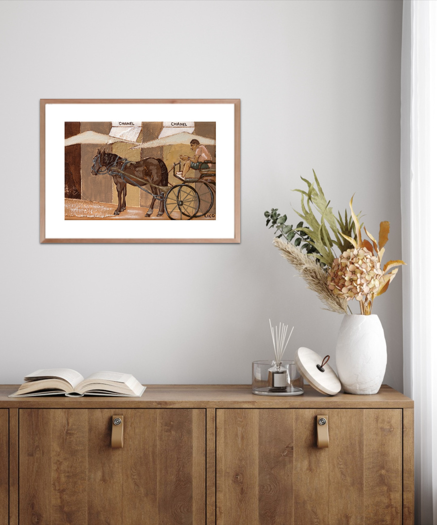 'Horse & Chanel' wall art print Australia. Framed print of horse drawn carriage in front of Chanel store Florence, print for gallery wall, free shipping, by Australian artist Marissa Lico.