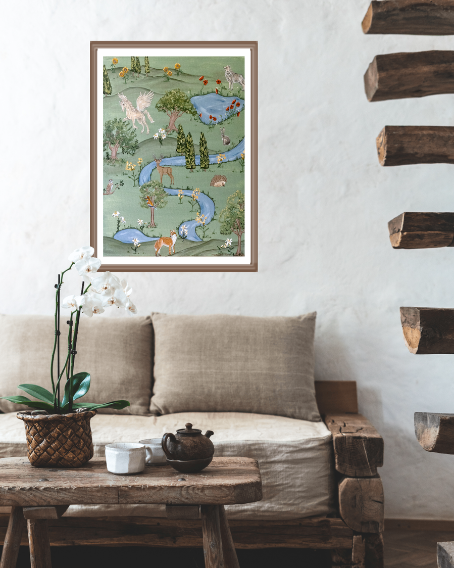 'Tuscan Dream' wall art print Australia. Italian print of animals for nursery, a landscape artwork with free shipping, by Australian artist Marissa Lico.