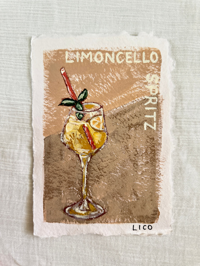 'Limoncello Spritz', original Italian artwork by Marissa Lico, limoncello cocktail painting.
