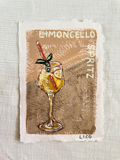 'Limoncello Spritz', original Italian artwork by Marissa Lico, limoncello cocktail painting.