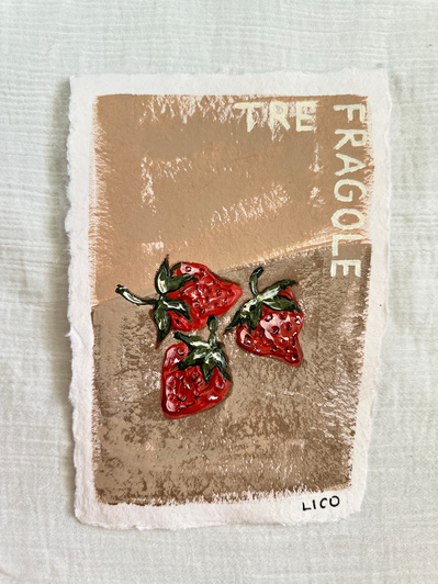 'Tre Fragole', original Italian artwork by Marissa Lico, strawberry painting.