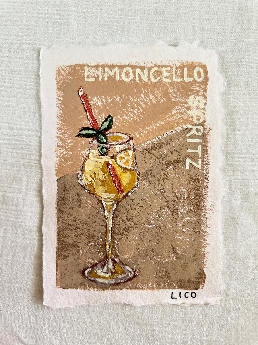 'Limoncello Spritz', original Italian artwork by Marissa Lico, limoncello cocktail painting.