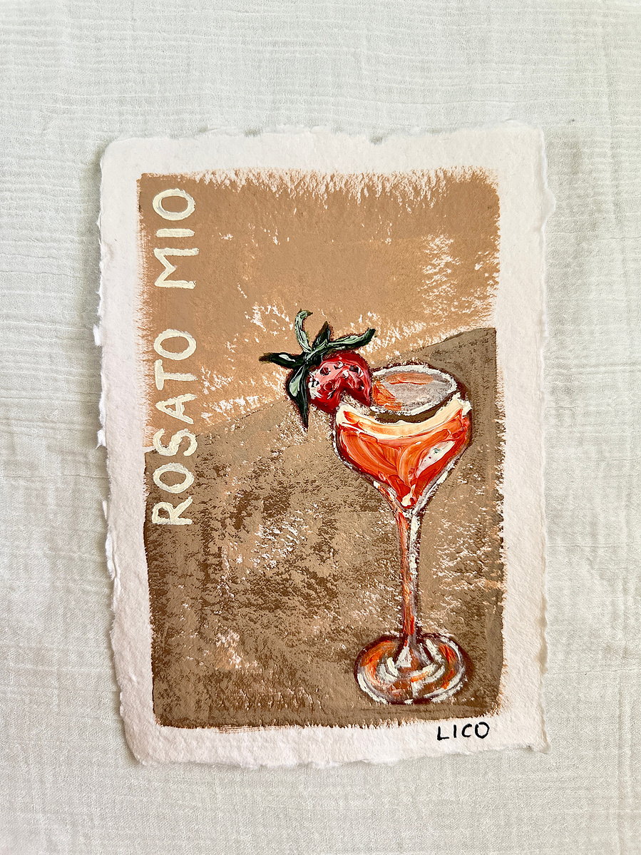 'Rosato Mio' Italian painting of vino, a small original artwork on handmade paper with free shipping, by Australian artist Marissa Lico.