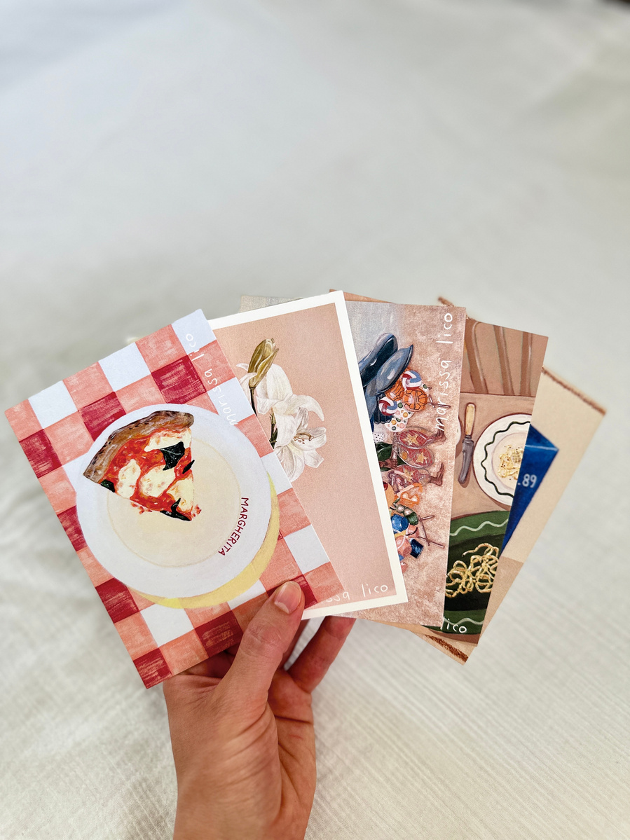 Cards, art prints and greeting cards of Pizza and Pasta by Australian Artist Marissa Lico.