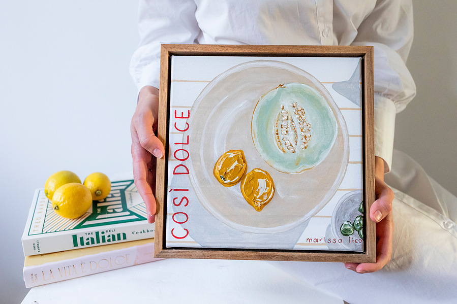 Pranzo VII, An Italian lunch painting with lemons and melon by Marissa Lico