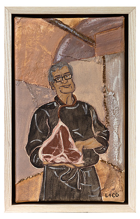 Florentine Steak artwork, painting of chef with bistecca alla Fiorentina in Florence Italy by Marissa Lico.
