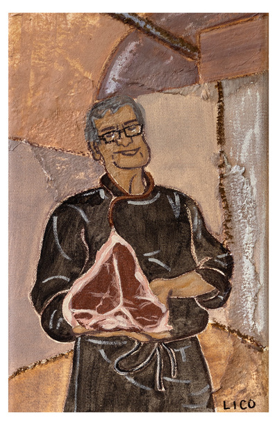 'Florentine Steak' wall art print Australia. Print of Italian chef with bistecca alla Fiorentina in Florence, free shipping, by Australian artist Marissa Lico.