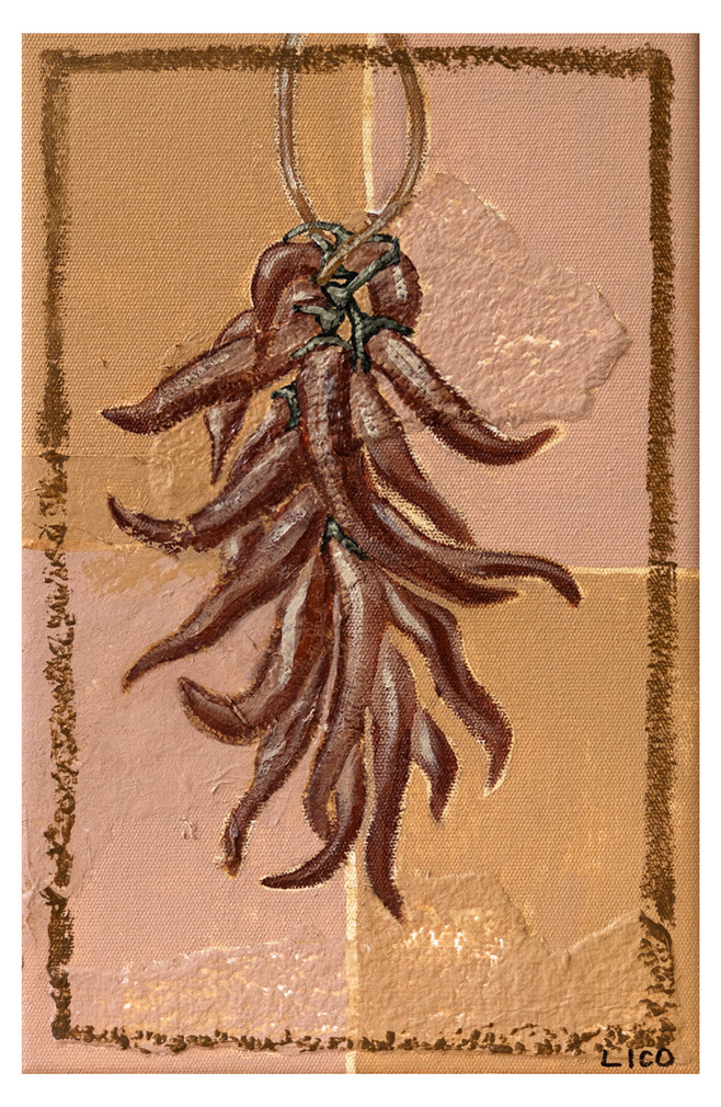 'Chillies' wall art print Australia. Print of Italian red hot chillies, peperoncino art print for kitchen, or dining space, free shipping, by Australian artist Marissa Lico.