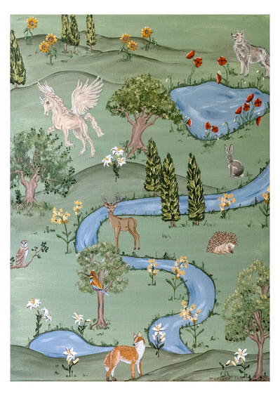 'Tuscan Dream' wall art print Australia. Italian print of tuscan landscape with animals, free shipping, by Australian artist Marissa Lico.