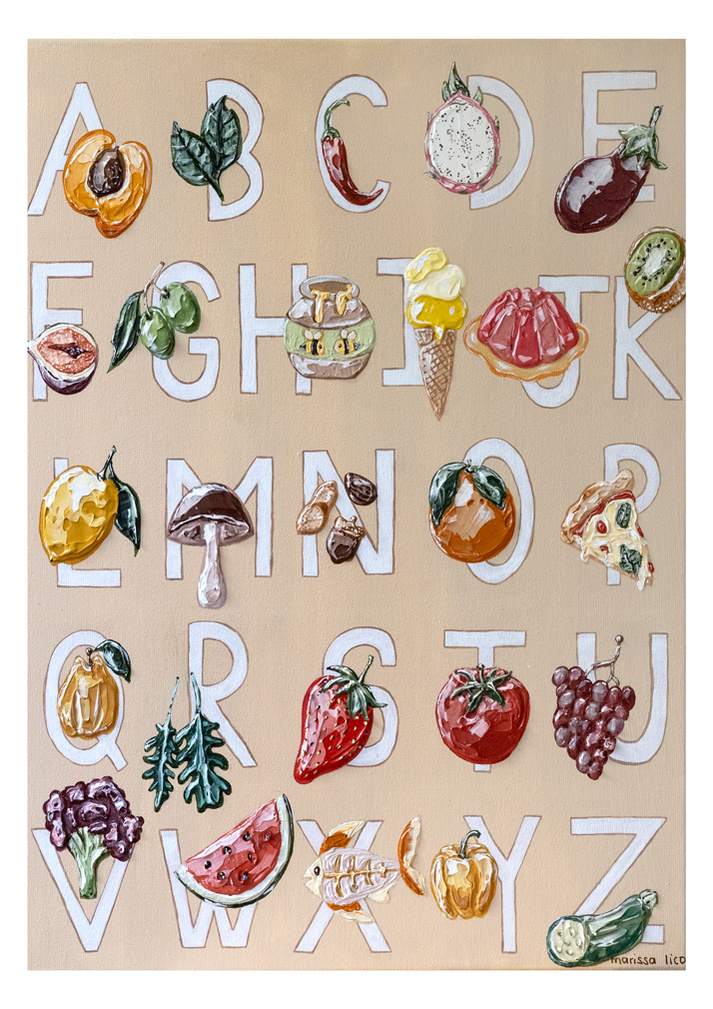 'Alfabetica' wall art print Australia. Italian print of the alphabet for nursery or kids room, free shipping, Australian artist Marissa Lico.