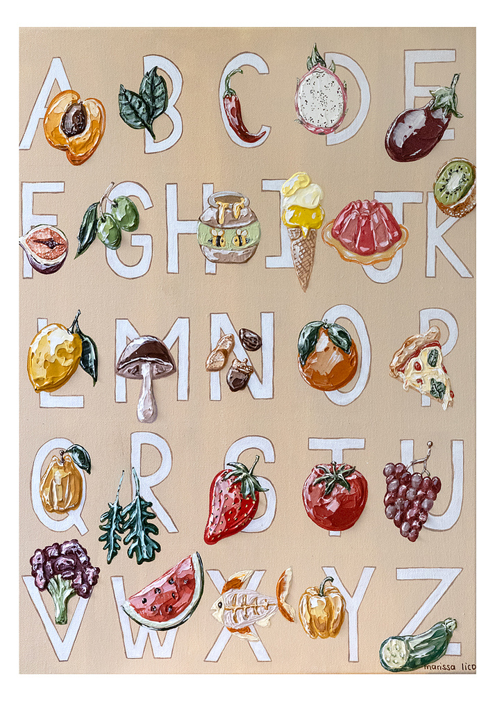 'Alfabetica' wall art print Australia. Italian print of the alphabet for nursery or kids room, free shipping, Australian artist Marissa Lico.