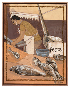Seafood Market artwork, painting of man with fish at seafood market in Catania Sicily by Marissa Lico.