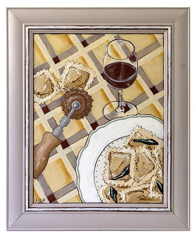 'Ravioli For One', original Italian artwork by Marissa Lico, ravioli and wine painting.